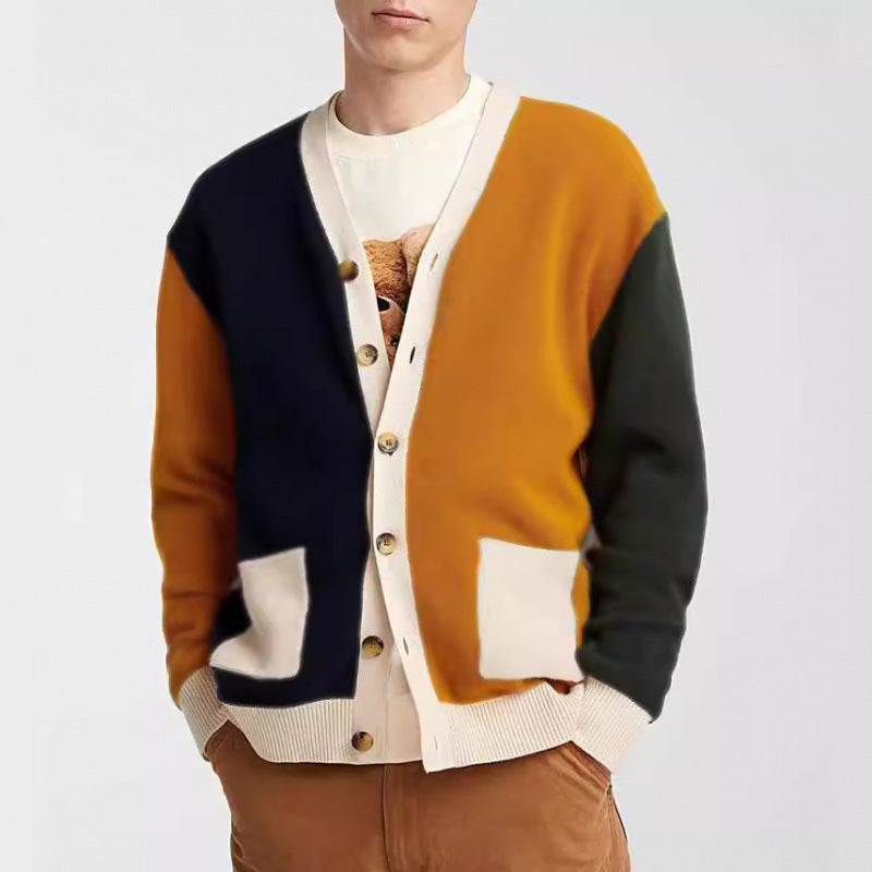 Herren Strickcardigan Modern Farbblock Taschen - BerlinGlamour
