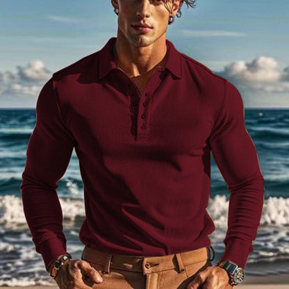 Herren Polo Langarm mit Knöpfen und Struktur Optik Modern