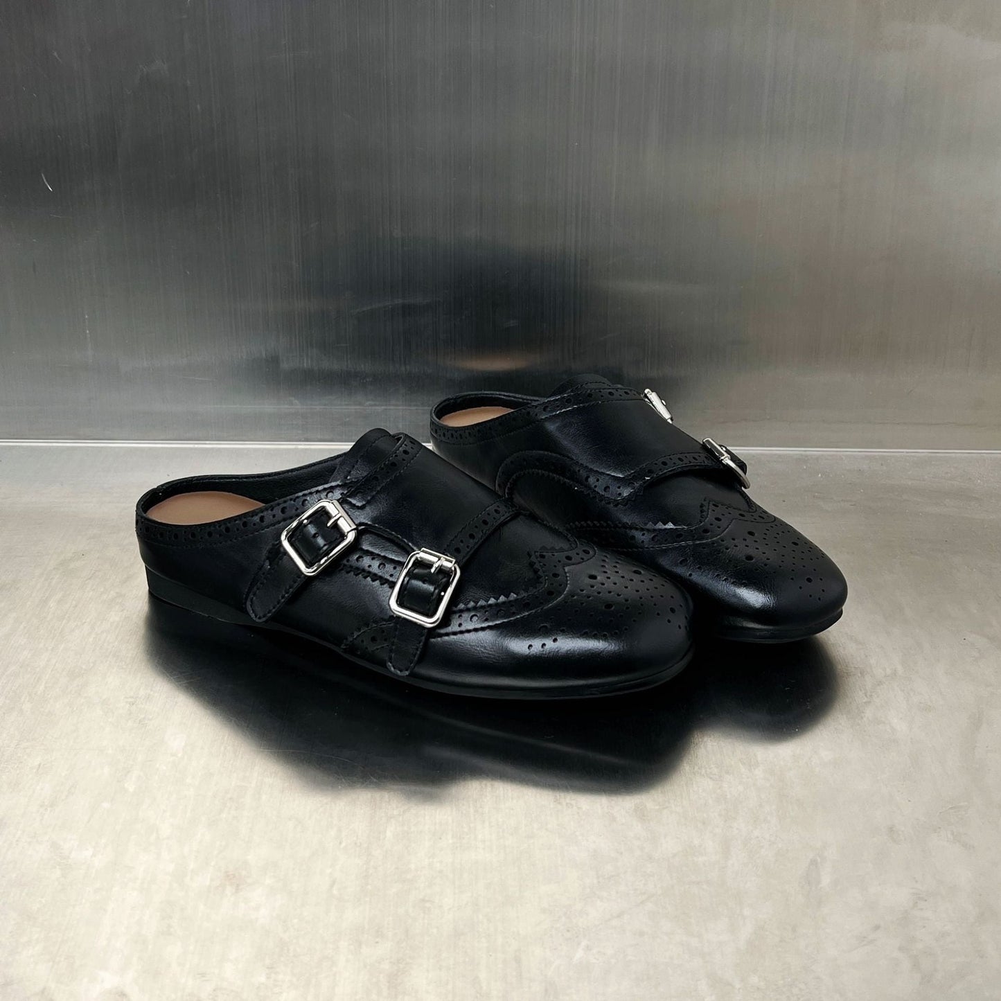 Damen Mokassins Elegante Schnalle Perforiert Schwarz
