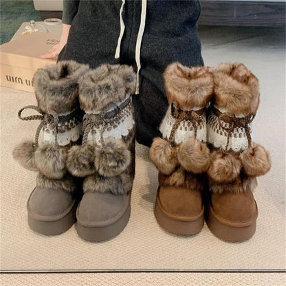 Damen Winterboots Flauschig mit Kunstfell Warm Schnürsenkel - BerlinGlamour