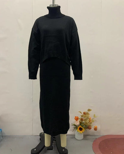 Damen Strick Zweiteiler Rollkragen Pullover und Midi Kleid