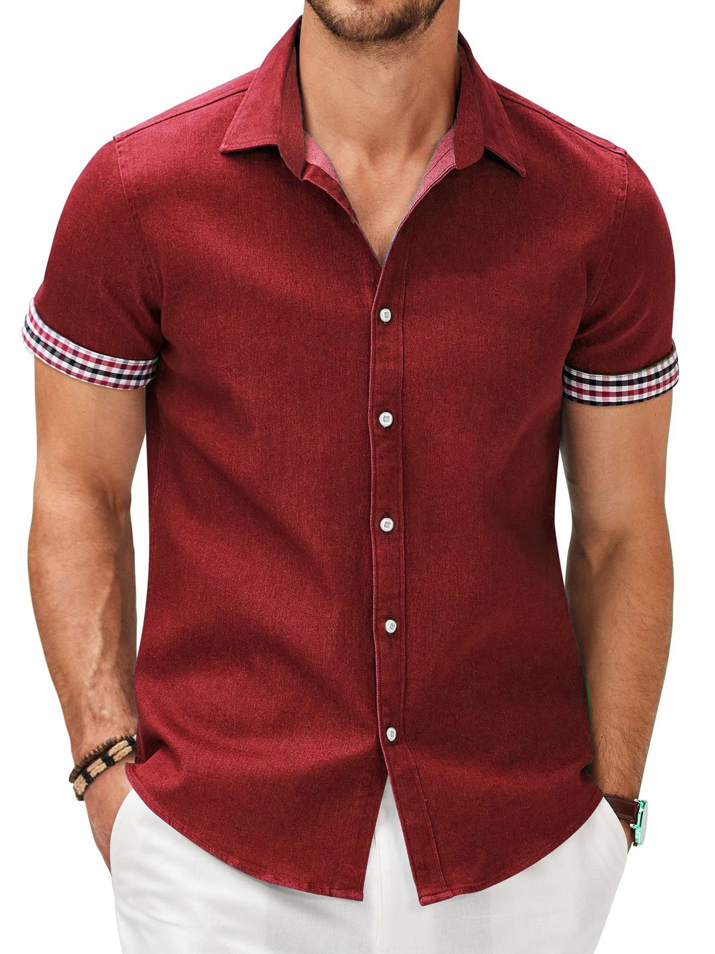 Herren Kurzarmhemd mit modernem Denim-Look und stylischem Karo-Muster BerlinGlamour, der das Leben erleichtert.
