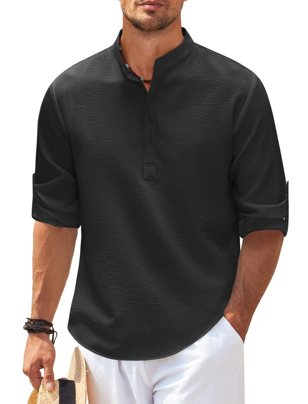 Herren Langarmshirt Modern Strukturiert Knopfleiste