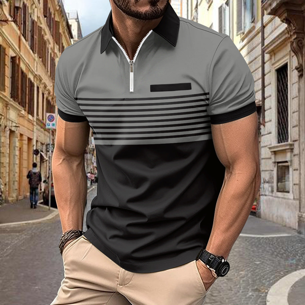 Herren Poloshirt Kurzarm mit Streifenmuster Elegant Modern