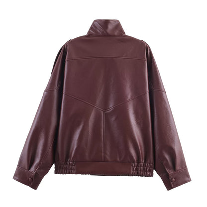 Lederjacke Damen Modern mit Kragen und Taschen Schwarz