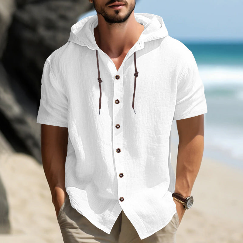 Herren Kapuzenhemd Kurzarm Holzknöpfe Streetwear