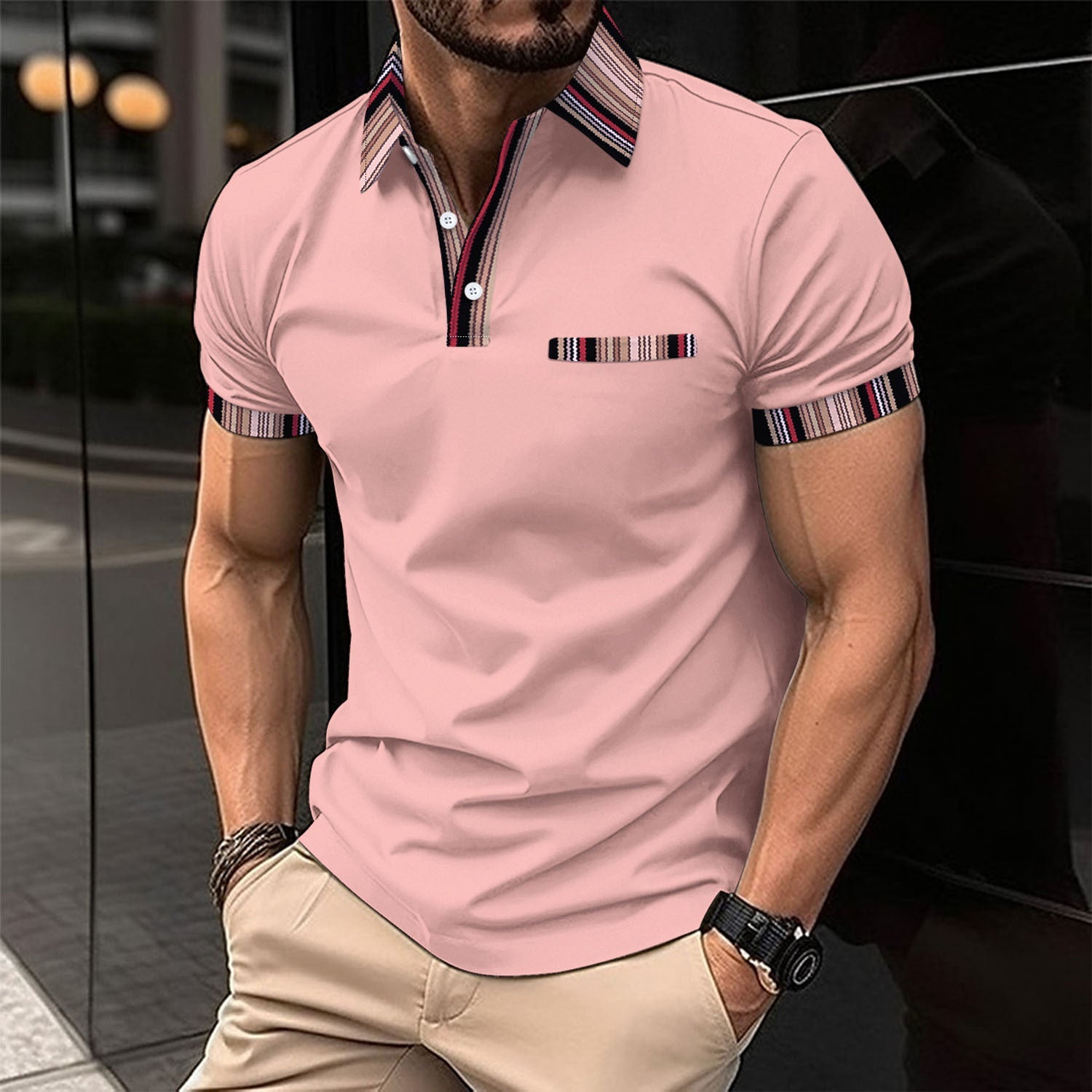 Herren Polohemd Modern Streifenkragen mit Brusttasche - BerlinGlamour