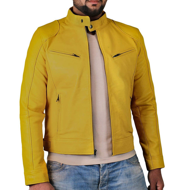 Lederjacke Herren Bikerjacke Stehkragen Reißverschluss