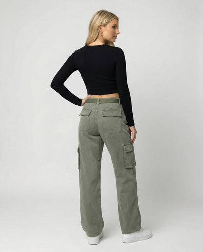 Damen Cargohose Hochgeschnitten Bequem Mit Gürtel