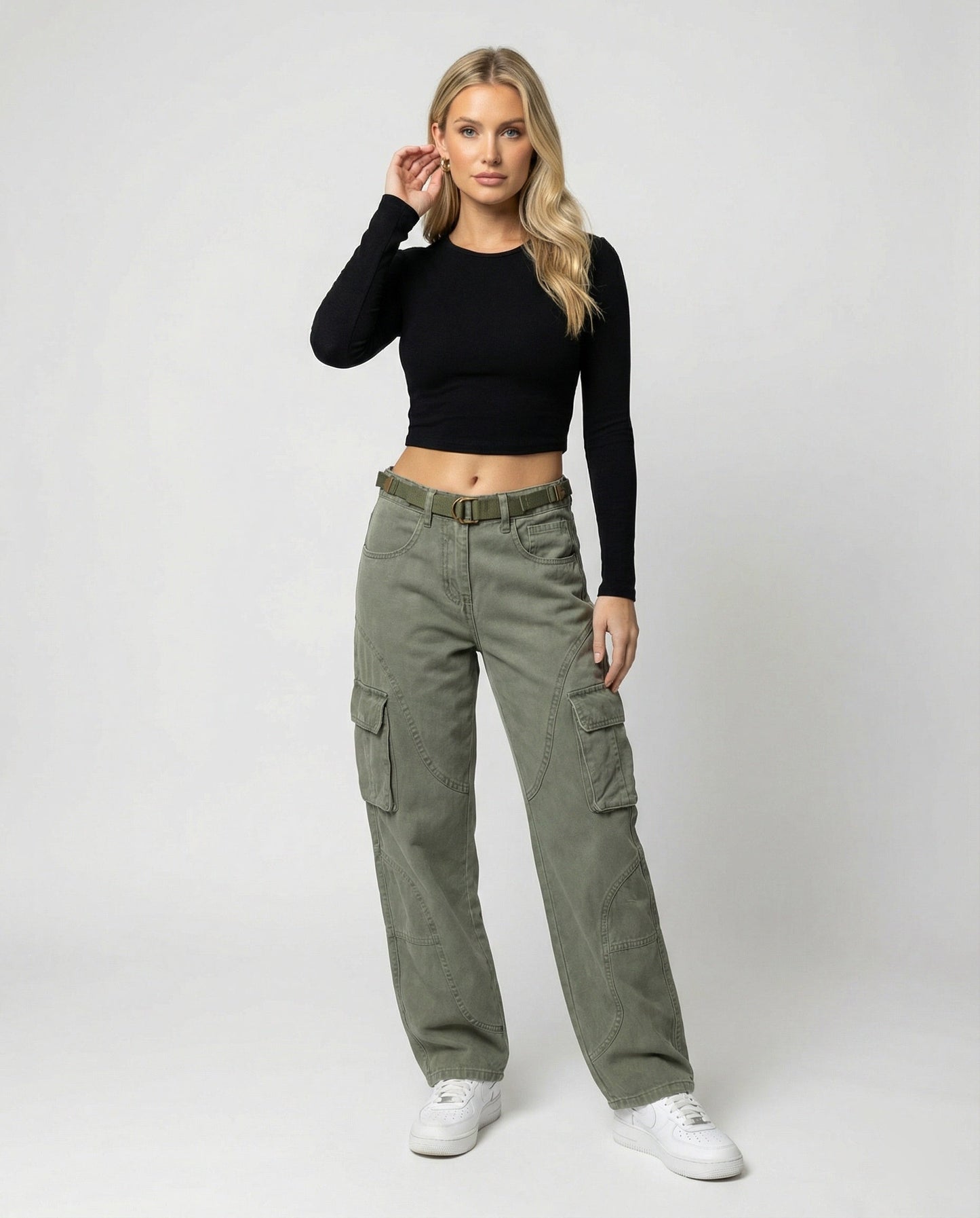 Damen Cargohose Hochgeschnitten Bequem Mit Gürtel