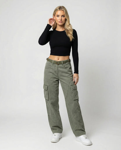 Damen Cargohose Hochgeschnitten Bequem Mit Gürtel