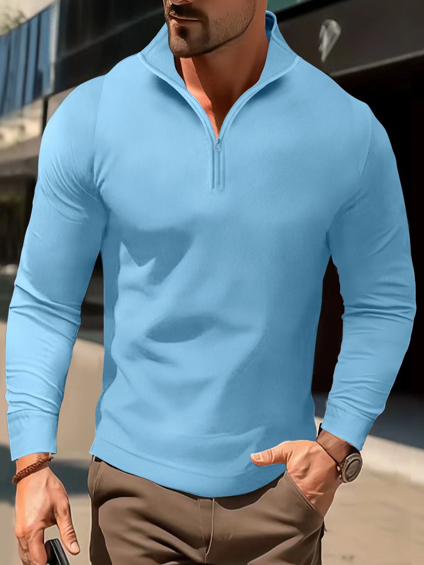 Herren Langarmshirt Sportlich Halb Reißverschluss Fitness