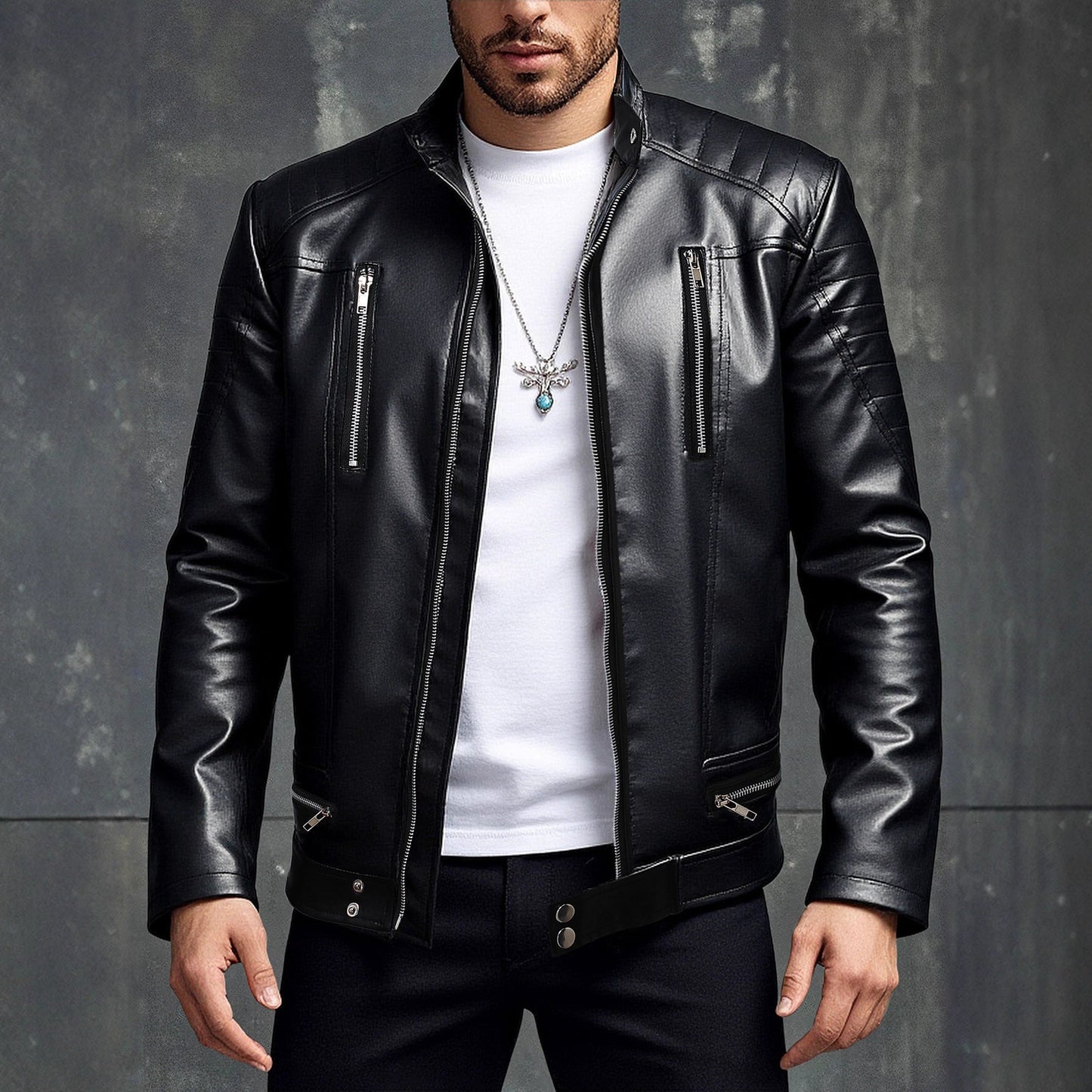 Herren Lederjacke Modern mit abnehmbaren Taschen Ledermantel - BerlinGlamour