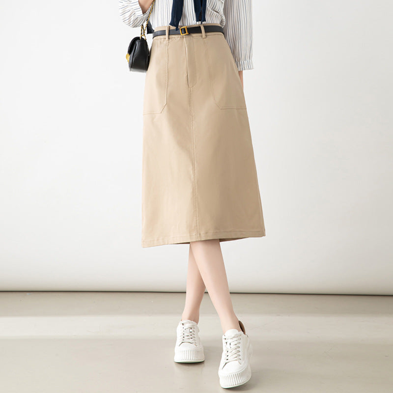 Damen Midi-Rock mit Taschen und Gürtel ➡️ Damen Midi-Rock Taschenrock mit Gürtel