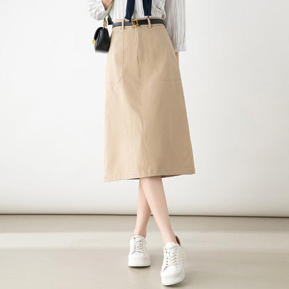 Damen Midi-Rock mit Taschen und Gürtel ➡️ Damen Midi-Rock Taschenrock mit Gürtel
