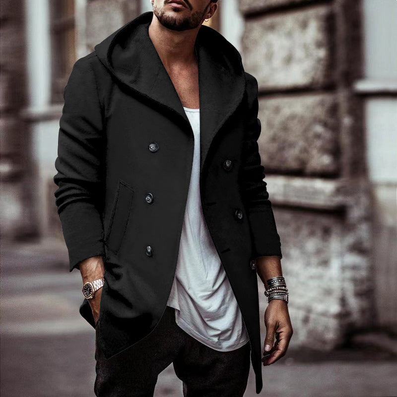 Herren Hoodie Mantel Modern mit Doppelknopf und Weitem Kragen