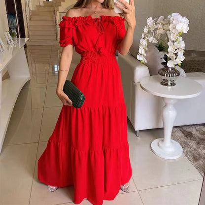 Damen Maxikleid Schulterfrei Rüschenkleid Sommer