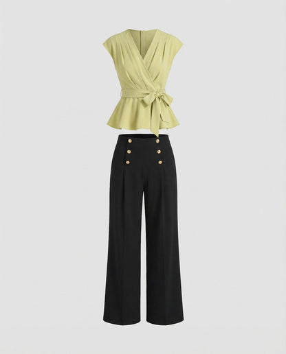 Elegantes Damen Büro Ensemble Wickelbluse mit Hose