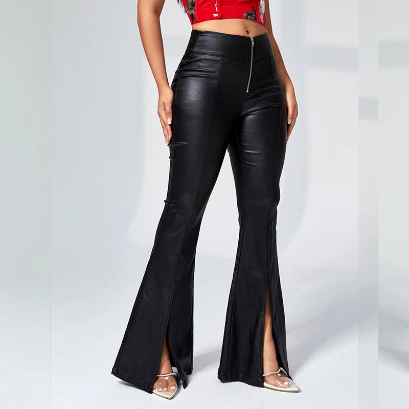 Damen Ledermodehose Schlitze Seitenlänge Schwarz