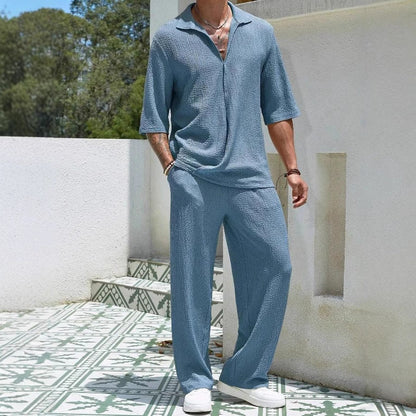 Herren Freizeitanzug Bequem Relaxed Fit mit Struktur Oberteil und Weite Hose - BerlinGlamour