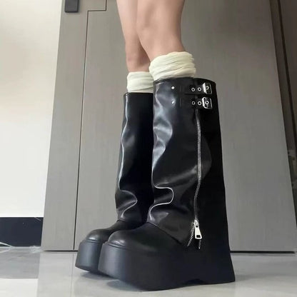 Damen Overknee Stiefel mit Reißverschluss und verstellbaren Riemen