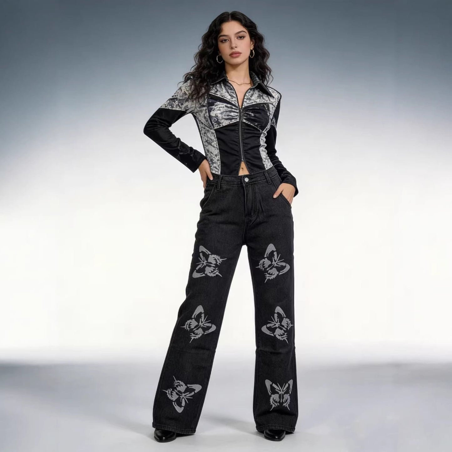 Damen Jeans Hoher Bund Blumenmuster Flare Style - BerlinGlamour
