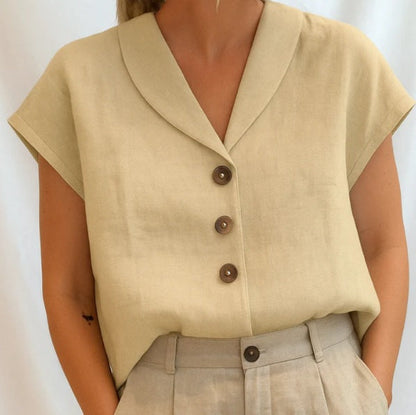 Damen Leinenbluse Kurzärmelig Knöpfe Sommer