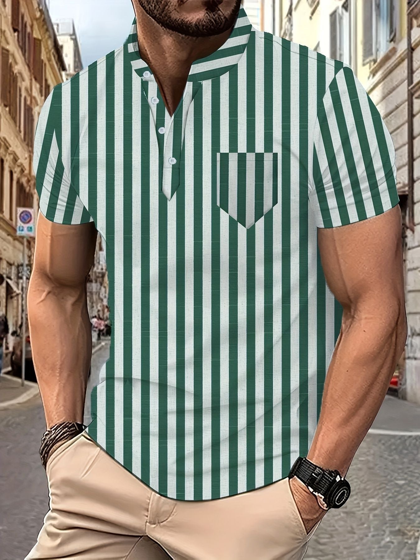 Herren Kurzarm-Hemd Modernes Streifenmuster Berlin Style