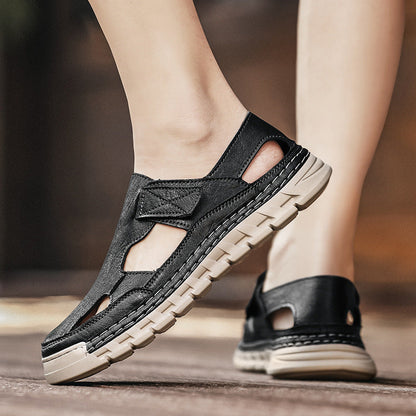 Damen Sandalen Leder Bequem Klettverschluss Sommer
