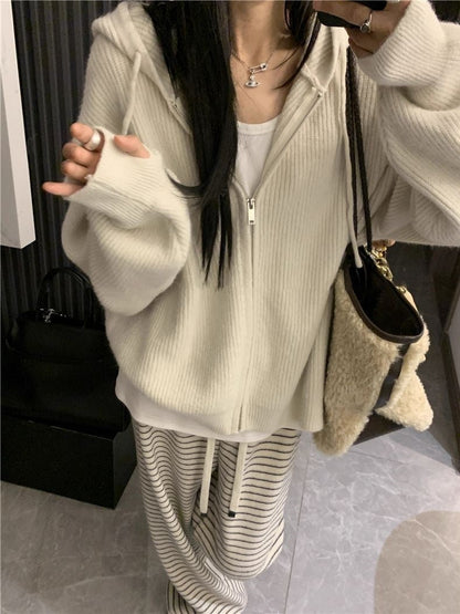 Damen Strickhoodie Großzügig Kapuze Reißverschluss Weich