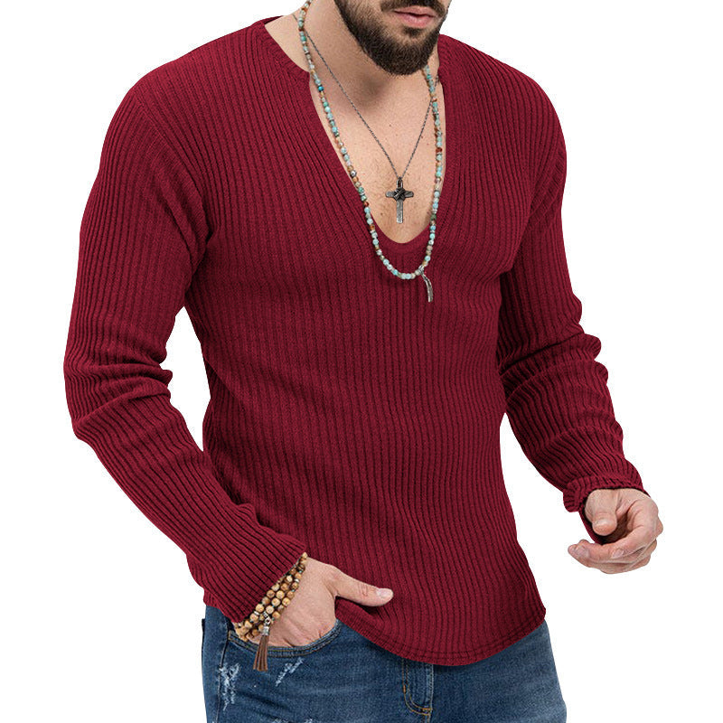 Herren Langarmshirt Strukturiert V-Ausschnitt Rippdesign Modern