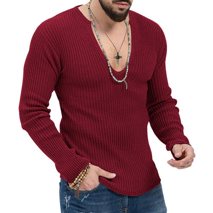 Herren Langarmshirt Strukturiert V-Ausschnitt Rippdesign Modern