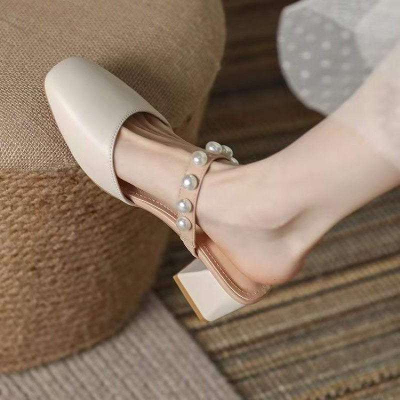 Damen Sandalen Geschlossen mit Blockabsatz und Perlen