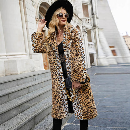 Damen Kunstpelzmantel Leopard Muster Luxus Winter