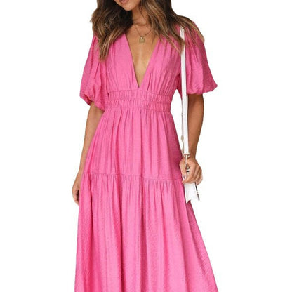 Damen Maxikleid V-Ausschnitt Schwingrock Partykleid Lang