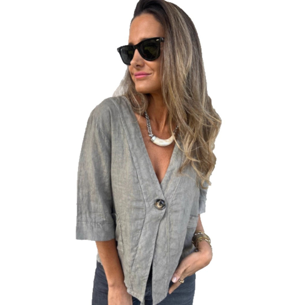 Damen Leinenblazer Kurzarm Leicht Modern