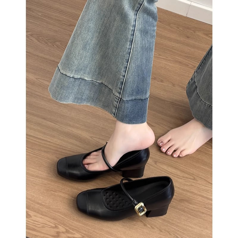 Damen Ballerinas Elegante Mary Jane Schuhe Komfortabel Blockabsatz