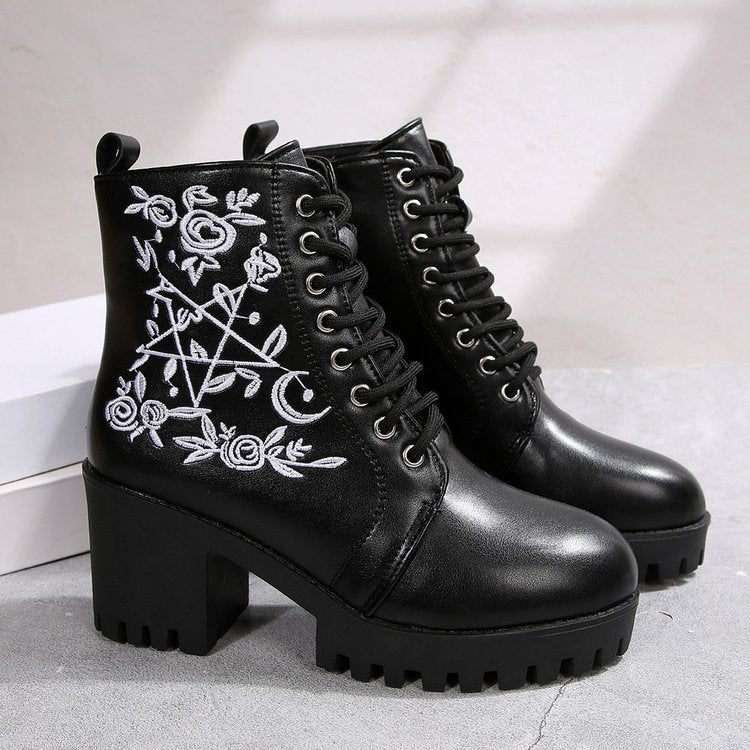 Damen Stiefel Metallic Plateau Blumen Stickerei