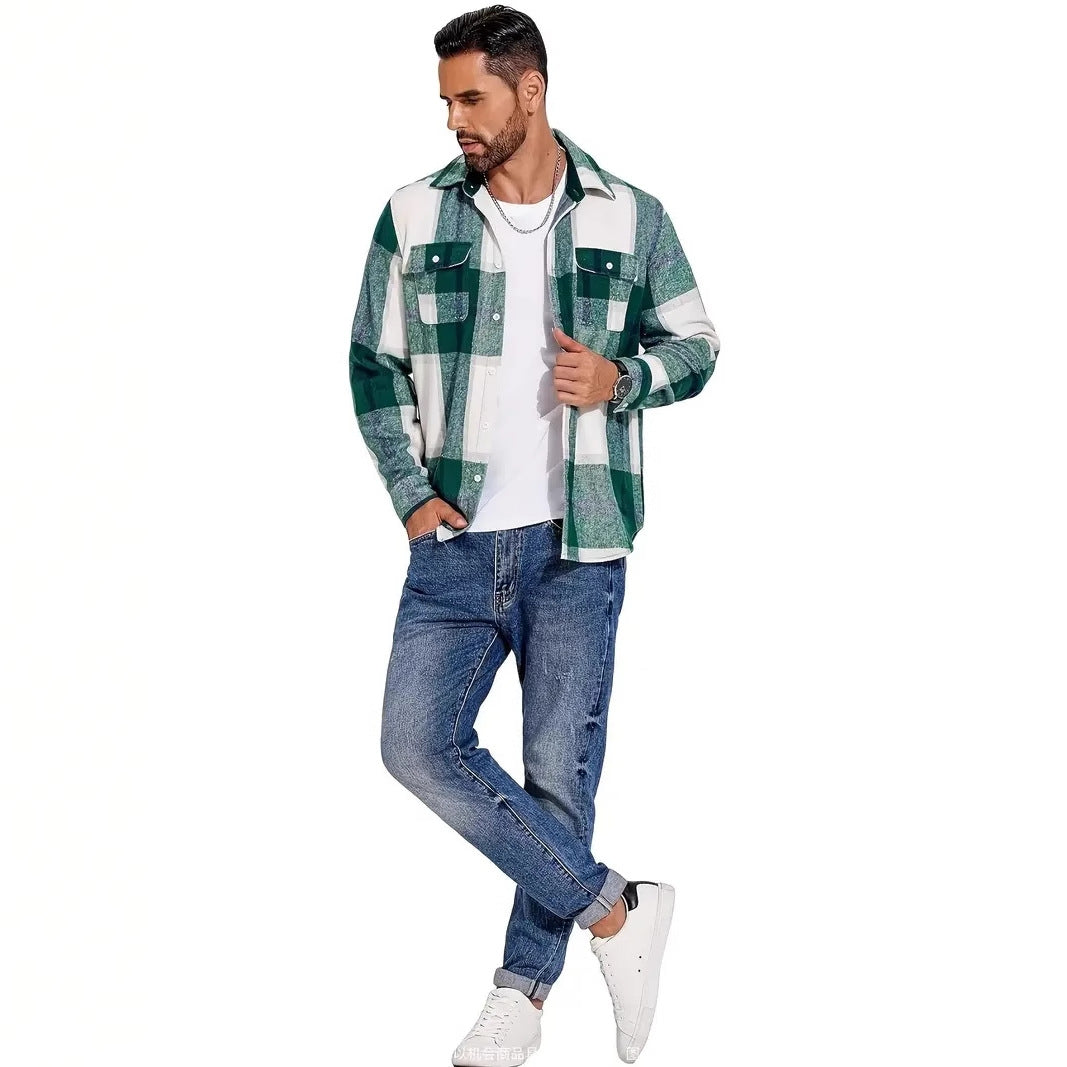 Herren Flanellhemd Kariert mit Doppelbrusttasche Modern