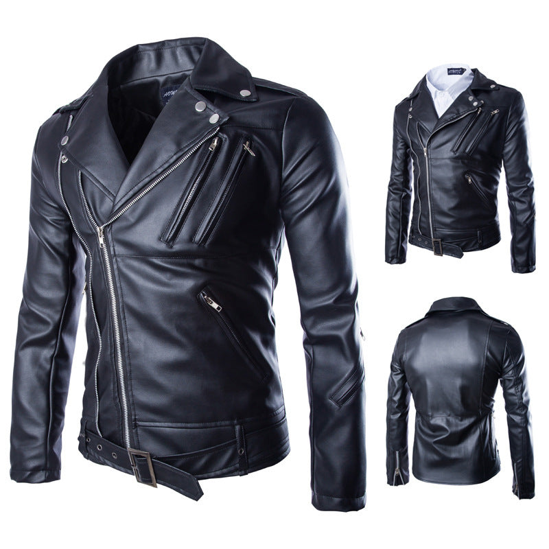 Herren Lederjacke Bikerstil Schwarz Asymmetrisch