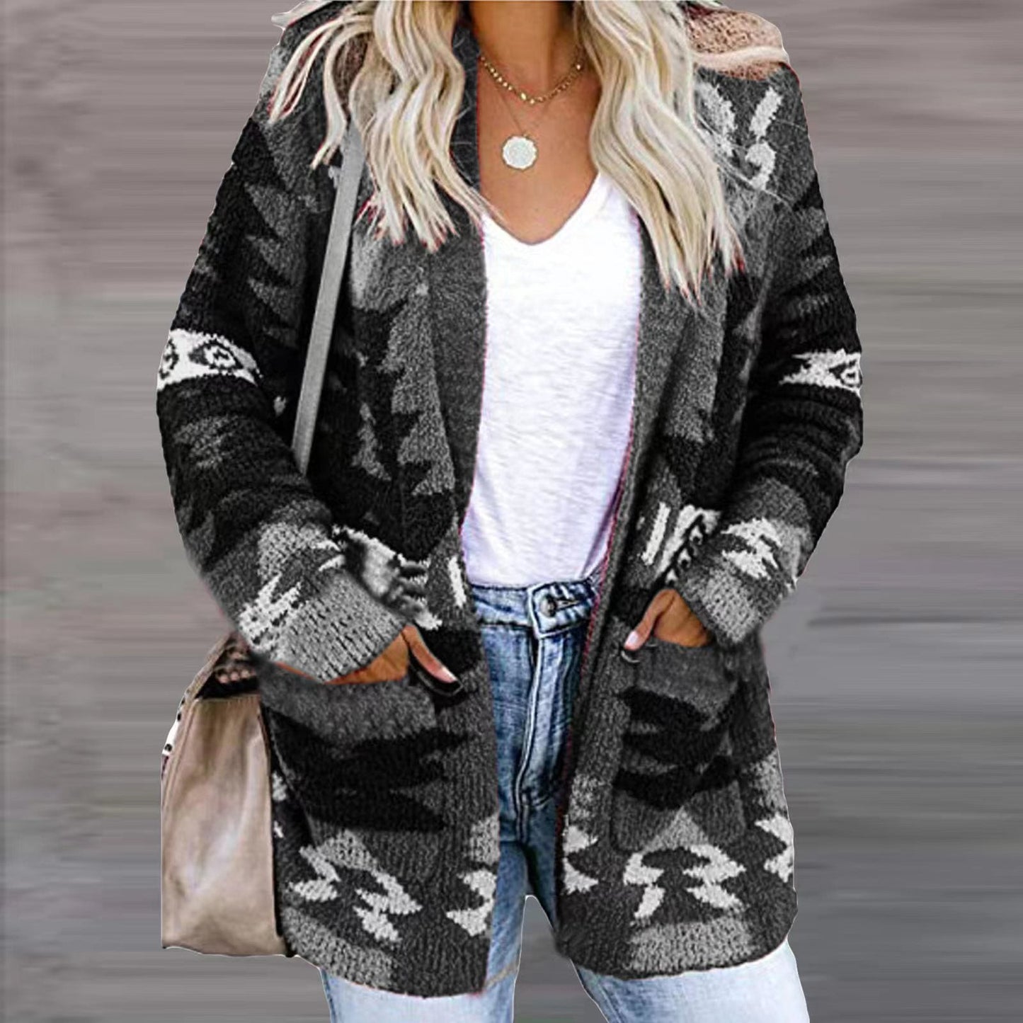 Damen Strickjacke Ethno-Stil Lässig Mit Taschen