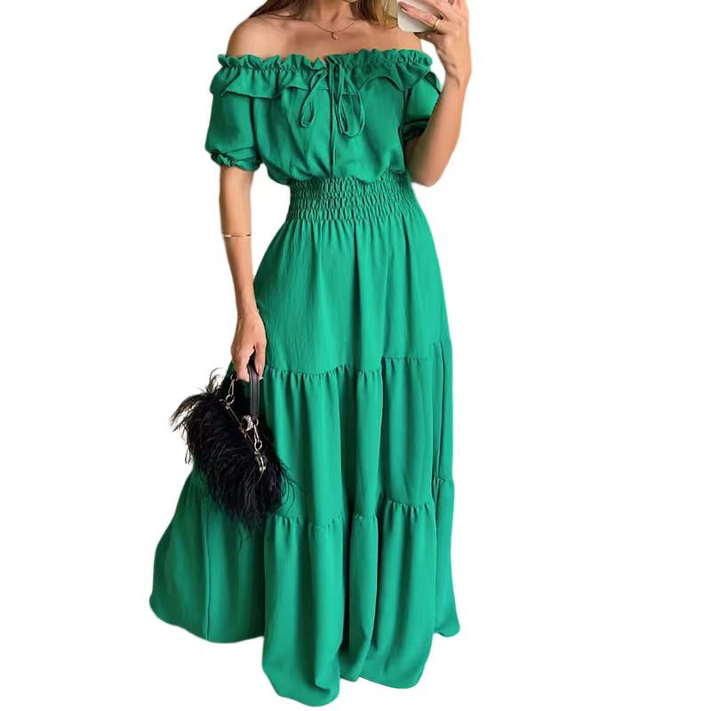 Damen Maxikleid Schulterfrei Rüschenkleid Sommer
