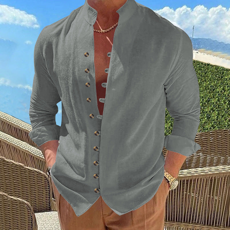 Herren Langarmhemd Modern mit Knöpfen und Stehkragen