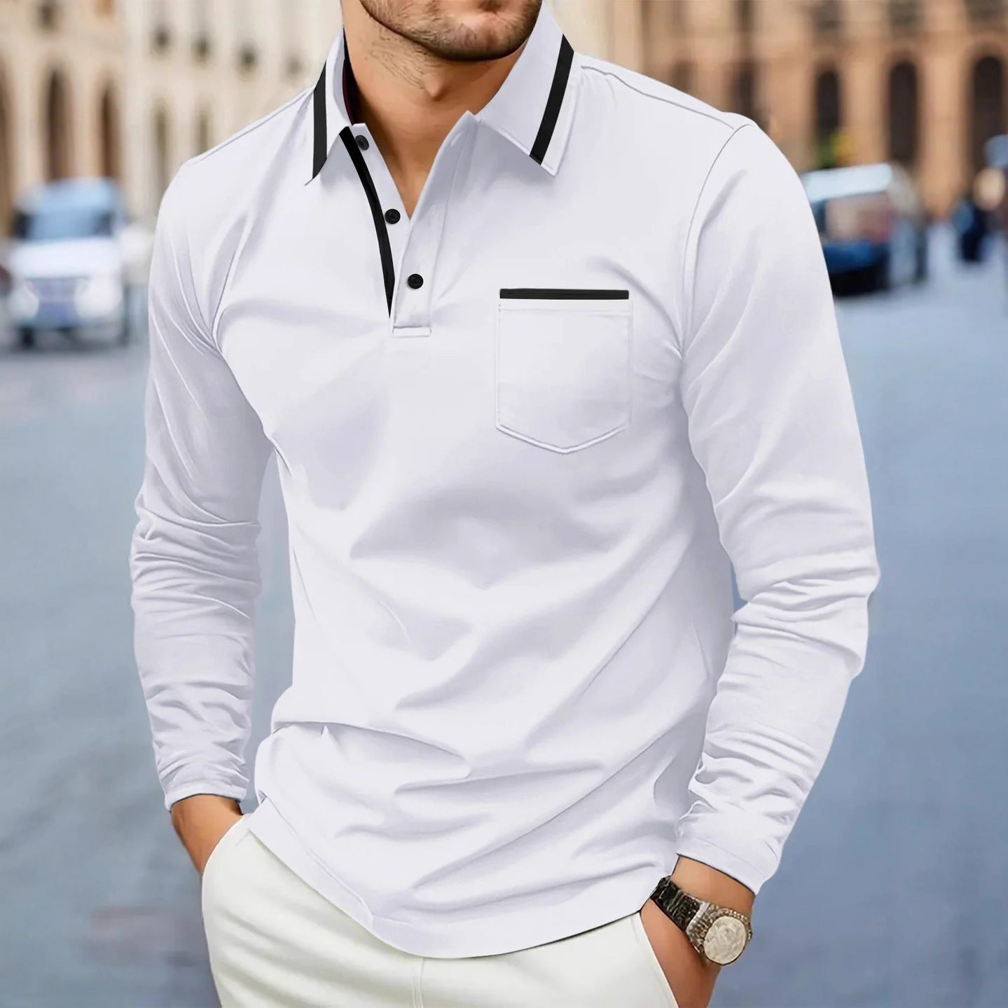 Herren Polohemd Langarm Modern Kontrastkragen Slimfit