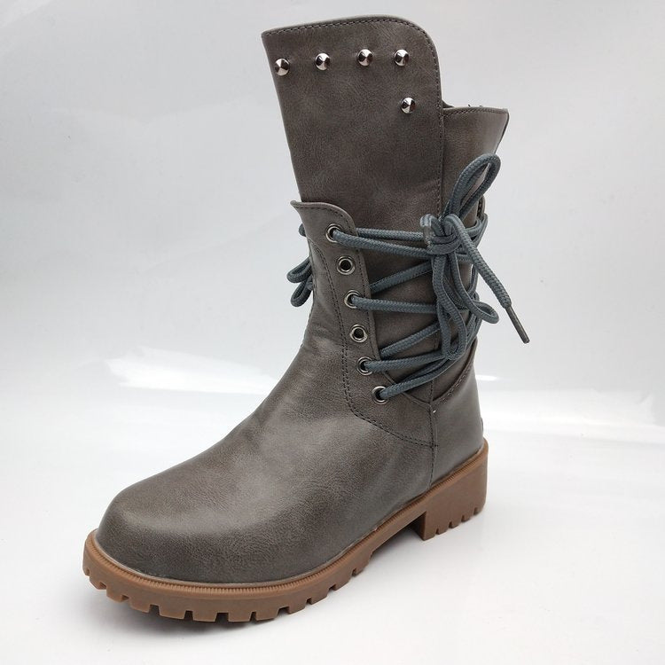Damen Schnürstiefel Robust Nieten Stiefel Schwarz