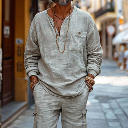 Herren Leinen-Outfit Langarm Bluse Cargo Shorts Sommer