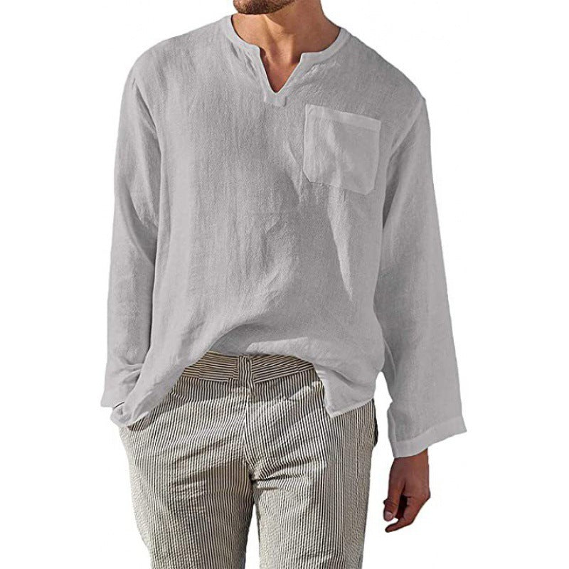 Herren Leinenhemd Langarm V-Ausschnitt Elegant