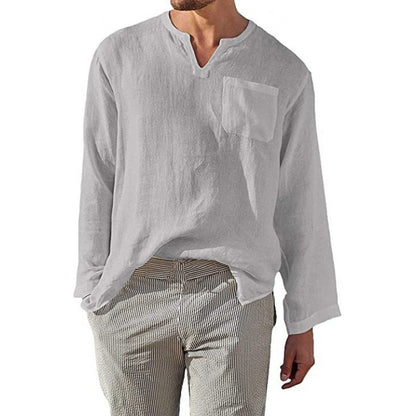Herren Leinenhemd Langarm V-Ausschnitt Elegant