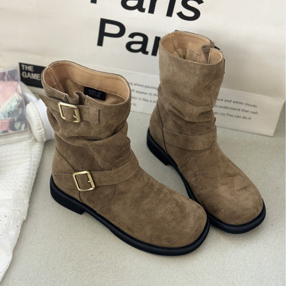 Damen Stiefel Elegant Riemen Braun Lederoptik