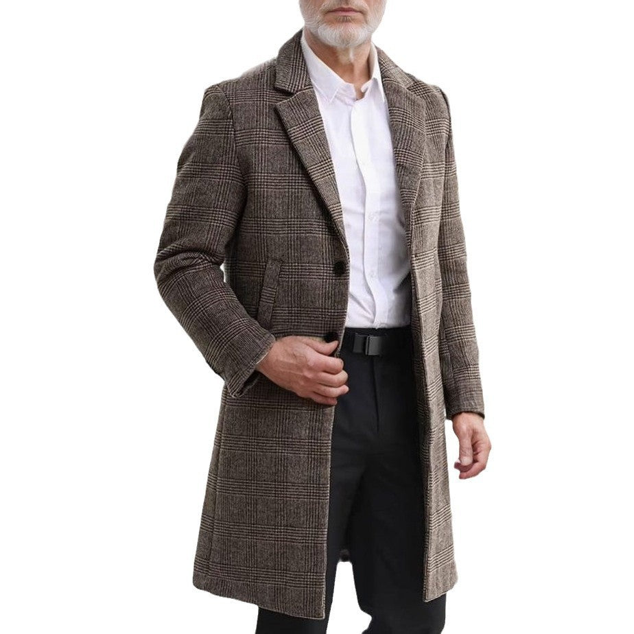 Herren Wollmantel Lang Karomuster Elegant Schwarz